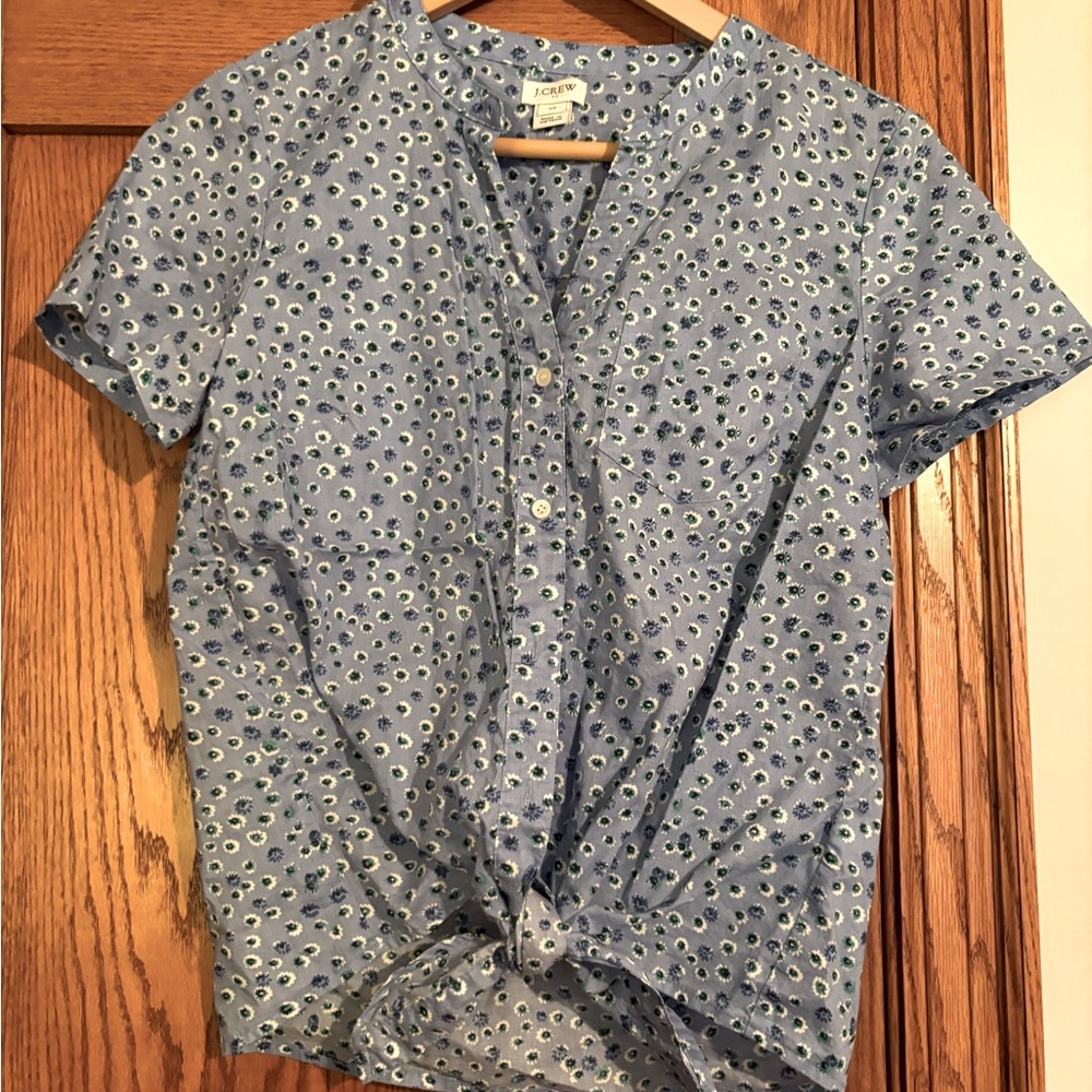 J.CREW WOMEN'S BLUE FLORAL SHORT SLEEVE TIE-FRONT BUTTON-UP SHIRT TOP